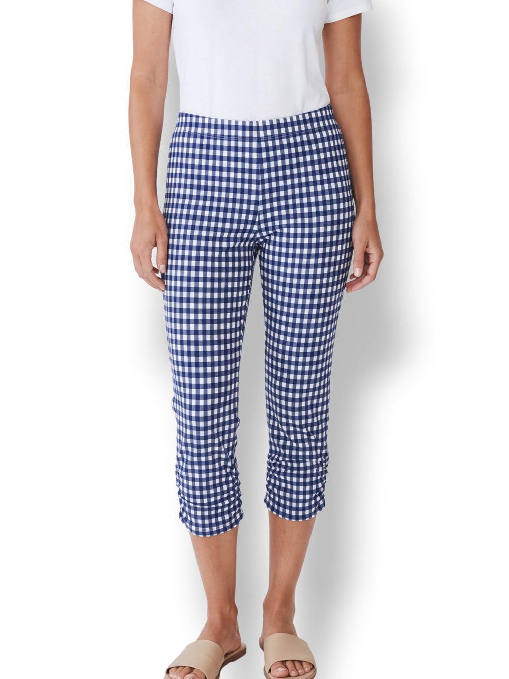 4/$20 Linea Domani Navy Gingham Ruched Tie Cuff Cropped Pants Size Large